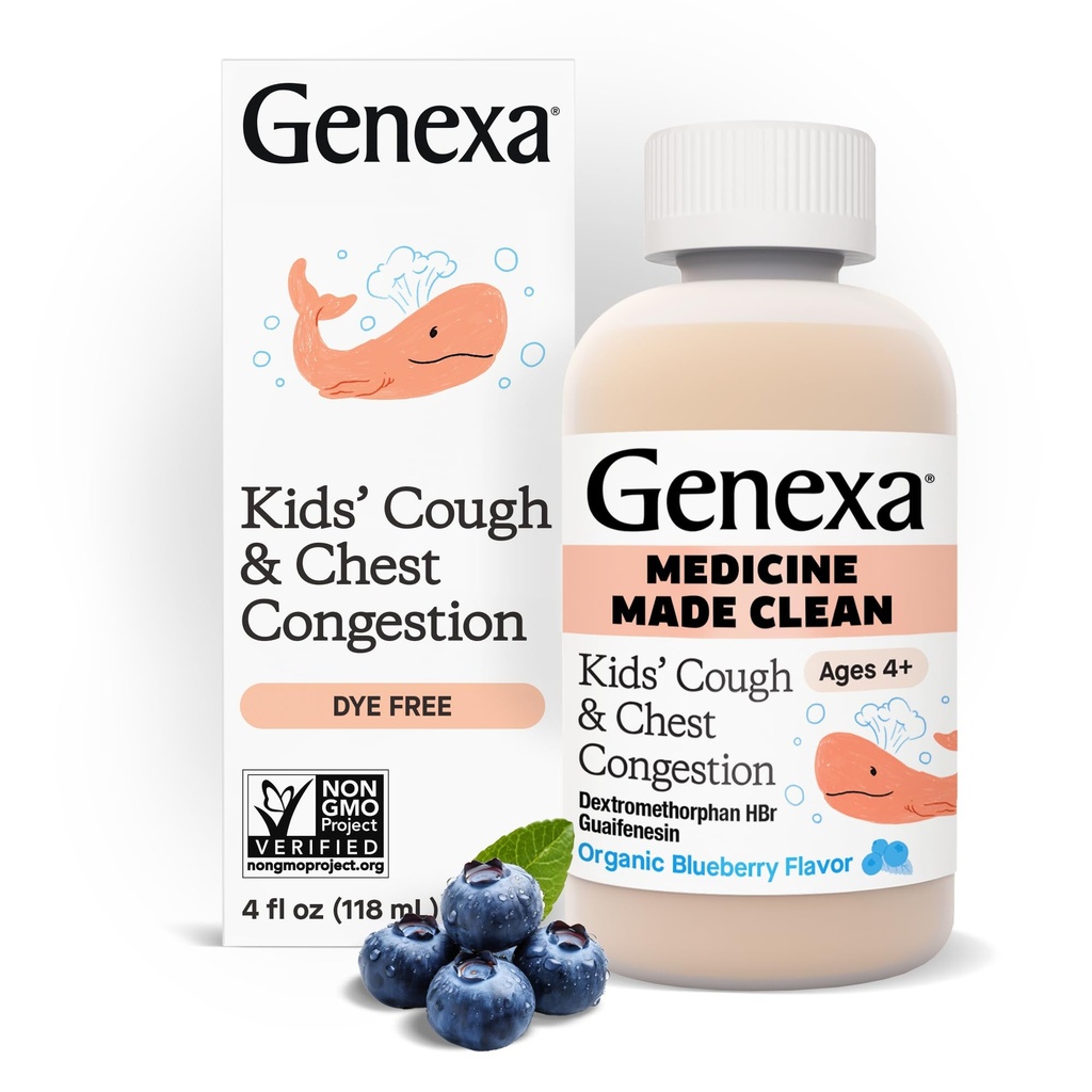 Genexa Kids' Clean Cough & Chest Congestion Medicine, Dye Free, 0% Yapay Katkılar, Çocuklar için Multi-Symptom Cough Syrup 4-11, Cough Suppressant & Waitorant, Organik Blueberry Flavor, 4 fl ozz