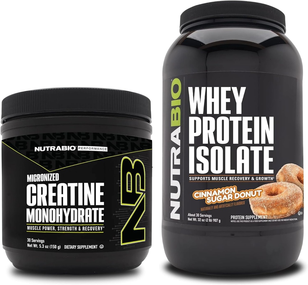 NutraBio Kretine Monohidrat, Unflavored, 150g ve Whey Protein Isolate, Cinnamon Sugar Donut, Supplement Sche - Muscle Energy, Lean Muscle growth, Recovery, and Strength