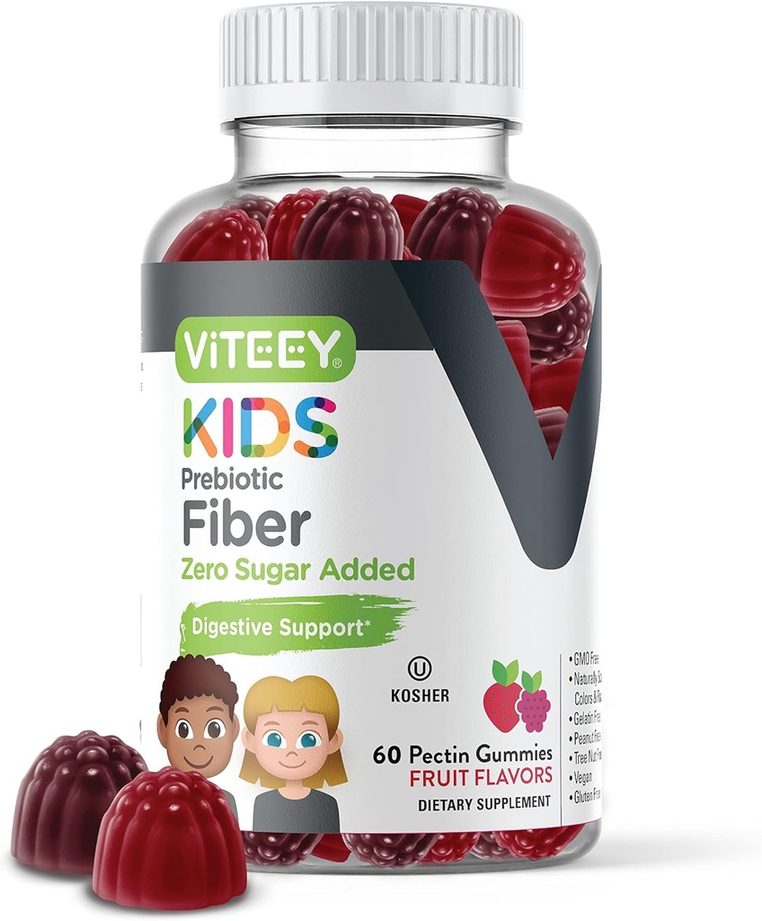 Viteey Prebiyotik Kids Fiber Constipation Relief, Digestive Health Regularity Support, Natural Kilo Support - Fiber 4g, Zero Sugar eklendi, Vegan, Gluten Free - Tasty Chewable Fruit Flavored Gummy