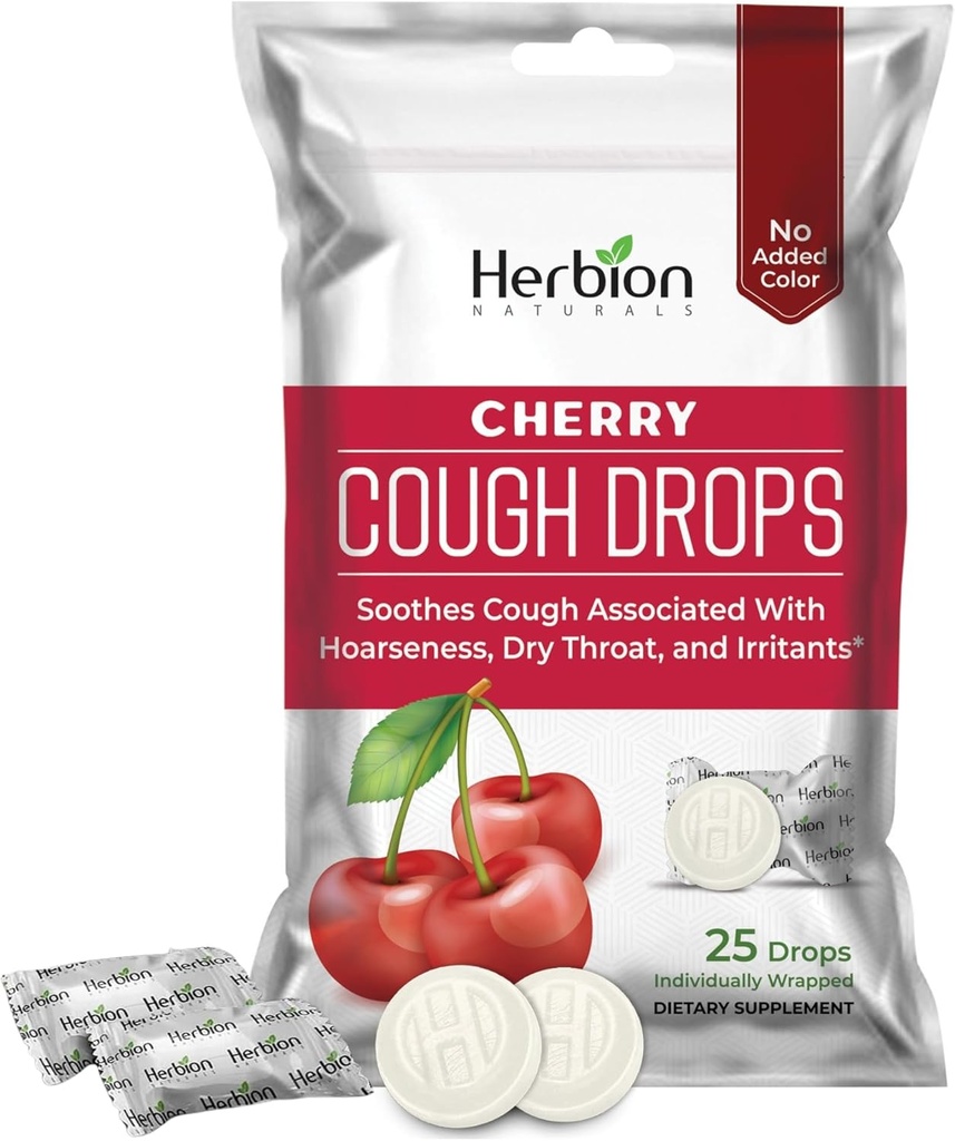 HERBION Naturals Cough Drops with Natural Cherry Flavor, Dietary Supplement, Soothes Cough, Yetişkinler ve Çocuklar için 6 Yıl boyunca, 25 Drops, No Yapay Flavor, Pack of 1
