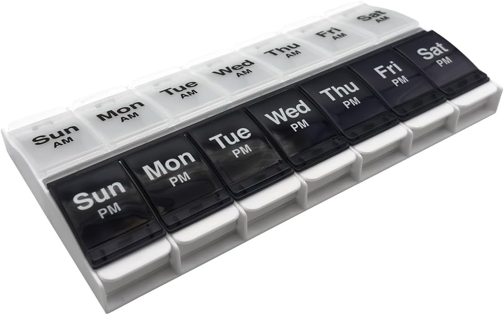 EZY DOSE Push Button (7-Day) Pill Case, Medicine Planner, Vitamin Organizer, 2 φορές την ημέρα AM/PM Container, X-Large Διαμερίσματα, Αρθρίτιδα Φιλική, Απροσπέλαστη Ανοιχτή, Καθαρές Λίδες, Μπλε/Λευκό, BPA Δωρεάν