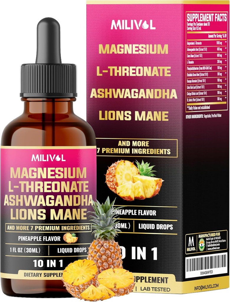 10in1 Magnezyum L-Threonate Liquid Drops with Ashwagadha, Lions Mane & 7 More Herbals - 1 Fl Oz - Pineapple Flavor