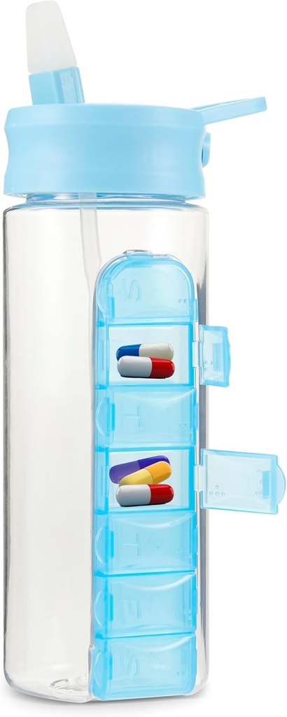 MARS WELLNESS 24 Ounce Water Şişe Slideout Pill Box, Daily Organizer - 7 Gün Tıp Sahibi, Easy Slide Out Pill Konteyner, Popup Straw için Hydration
