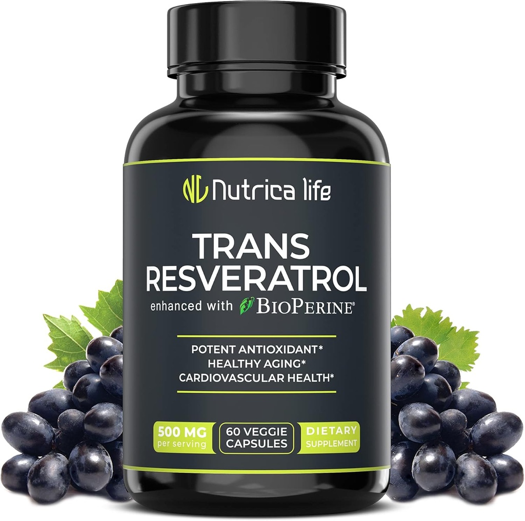 Trans Resveratrol Tamam 500 mg Potent Anti Aging Formula, Kalp ve Hücre Sağlığı için Güçlü Antioksit, Beyin Takdirleri Bioperine, 60 Vegan Caps