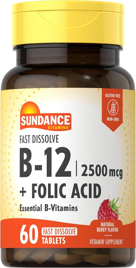 Sundance Fast Dissolve Vitamin B-12 | Folic Acid | 250006 | 60 Kont | Natural Berry Flavor | Vegetarian, Non-GMO ve Gluten Free Supplement