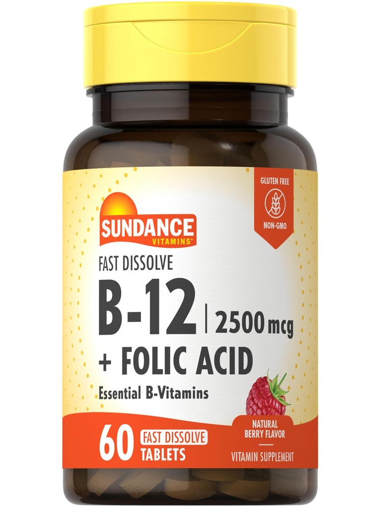 Sundance Fast Dissolve Vitamin B-12 | Folic Acid | 250006 | 60 Kont | Natural Berry Flavor | Vegetarian, Non-GMO ve Gluten Free Supplement