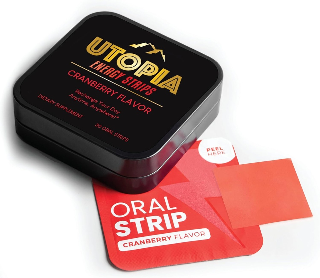 Energy Strips with Vitamin B12 & L Theanine, Natural 50mg Caffeine for Energy Boost, Cranberry Flavor, Oral Strip (30 Count)