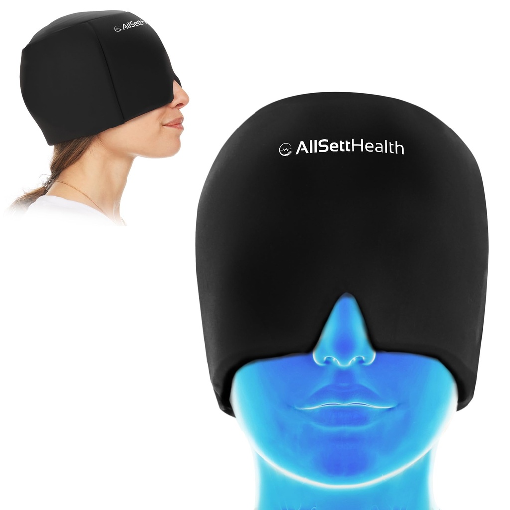 Migraine Relief Cap Ice Head ve Hat | Hot/Cold Gel Pack with Face and Eye Mask Compress for Headache Relief - Black