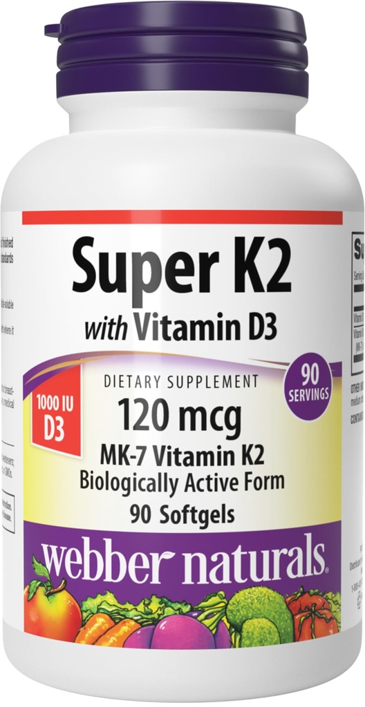 Webber Naturals Super Vitamin K2 MK-7 120 mcg με βιταμίνη D3, 90 Softgels, Υποστηρίζει οστά, δόντια, και καρδιαγγειακό σύστημα