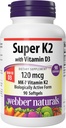Webber Naturals Super Vitamin K2 MK-7 120 mcg with Vitamin D3, 90 Softgels, Supports Bones, Teeth, and Cardiovascular System
