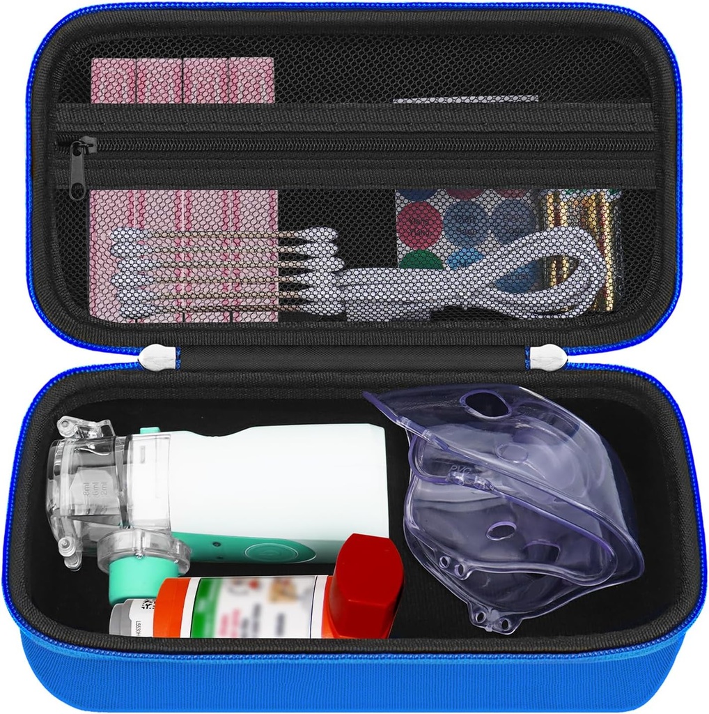 HESTECH Hard Travel Isthma Inhaler for Inhaler Spacer, Maske, Inhalerlen Asthma Bag with Me Pocket for Saline Solution and Other Essentials, Blue (Case Only)