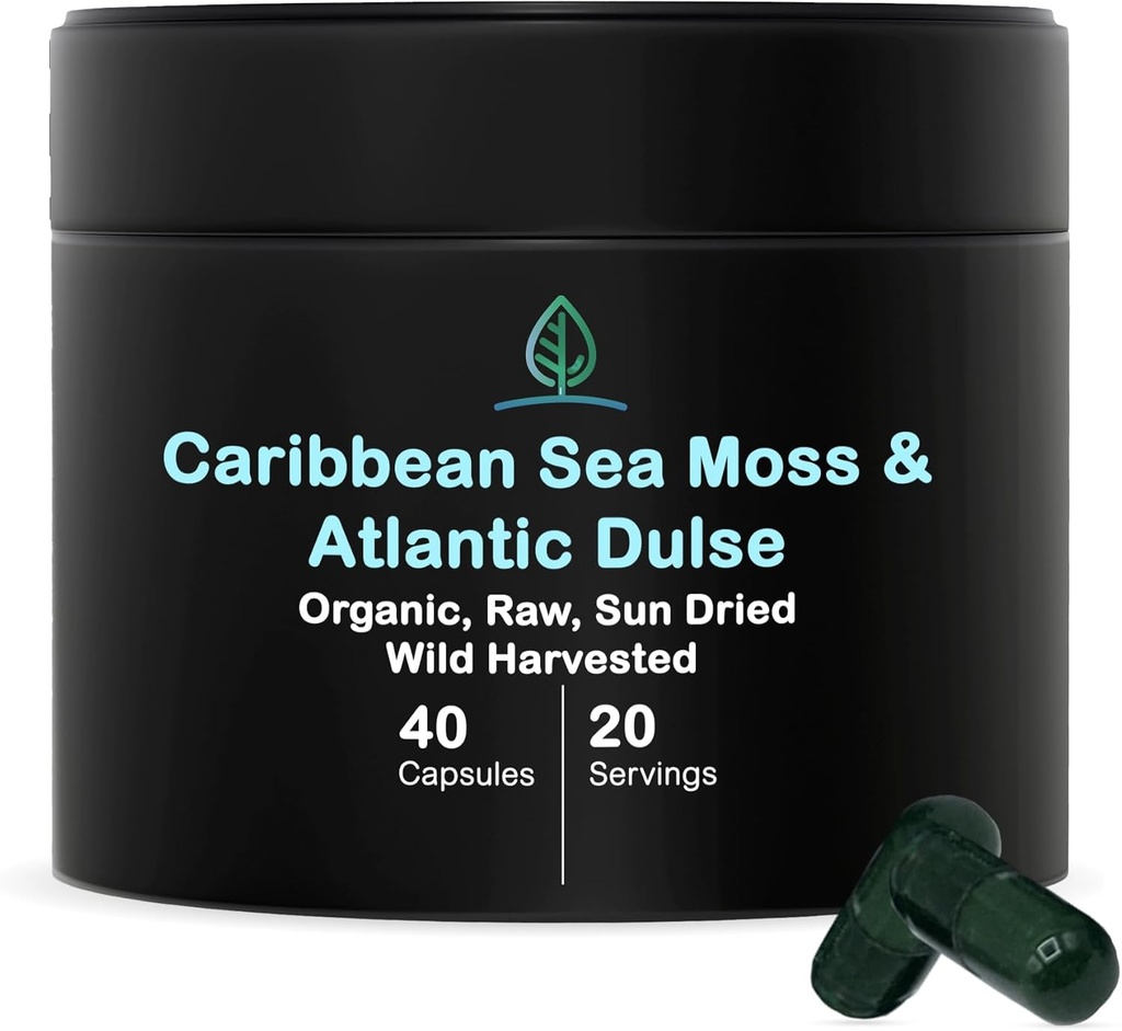 Holistic Bin Organik Deniz Moss Capsules% 100 Pure Caribbean Sea Moss + Dulse Seaweed | Wild Harvested | No Fillers | Rich in Antioksis, Minerals, and Iodine (40 Capsules)