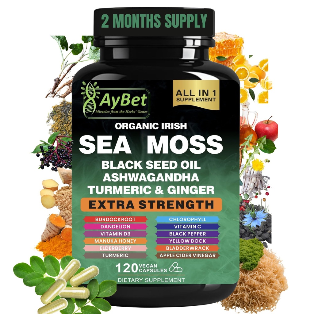 Organik İrlandalı Deniz Moss, Black Seed Oil, Ashwagandha, Turmeric,Ginger Capsule, Bladderwrack, Burdock, VIT C &VIT D3, Elder Dock, Manuka Honey, Dandelion, Sarı, Apple Cider Vinegar, Halal, Vegan