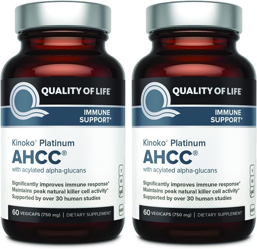Life AHCC Kinoko Platinum 750 mg - Premium Immune Support Supplement - Pack of 2, 60 Count Şişes