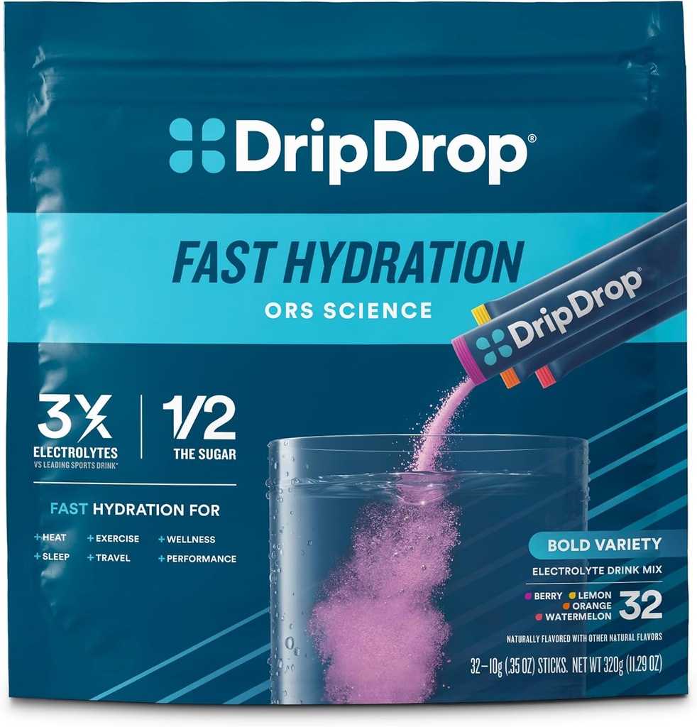 DripDrop Hydration Packets - Bold Variety Pack - Single Σερβίρετε Ηλεκτρόλυτες Powder Drink Mix - Καρπούζι, μούρο, λεμόνι, πορτοκάλι - Μη ΓΤΟ, Χωρίς γλουτένη, Vegan - 32 Sticks