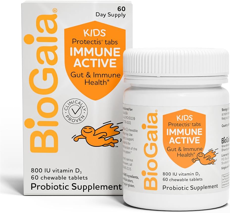 BioGaia Immune Active Kids | Probiyotik + Vitamin D | Digestive & Immune Health | Ages 3+ | Allergen, Süt, Soy & Gluten Ücretsiz | Pediatriks tarafından Güvenilir | 60 Gün Supply | Orange Flavored Chewable