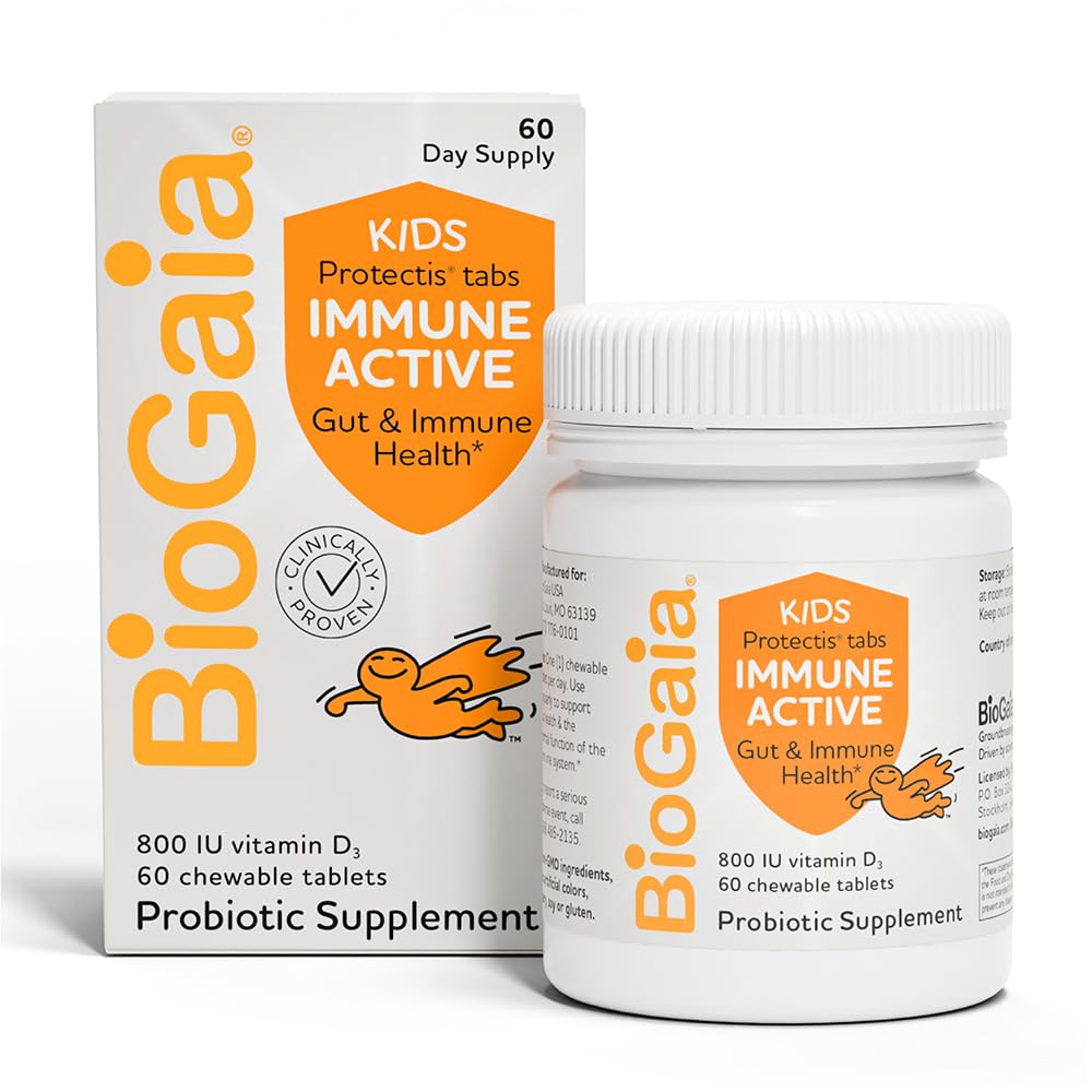 BioGaia Immune Active Kids | Probiyotik + Vitamin D | Digestive & Immune Health | Ages 3+ | Allergen, Süt, Soy & Gluten Ücretsiz | Pediatriks tarafından Güvenilir | 60 Gün Supply | Orange Flavored Chewable