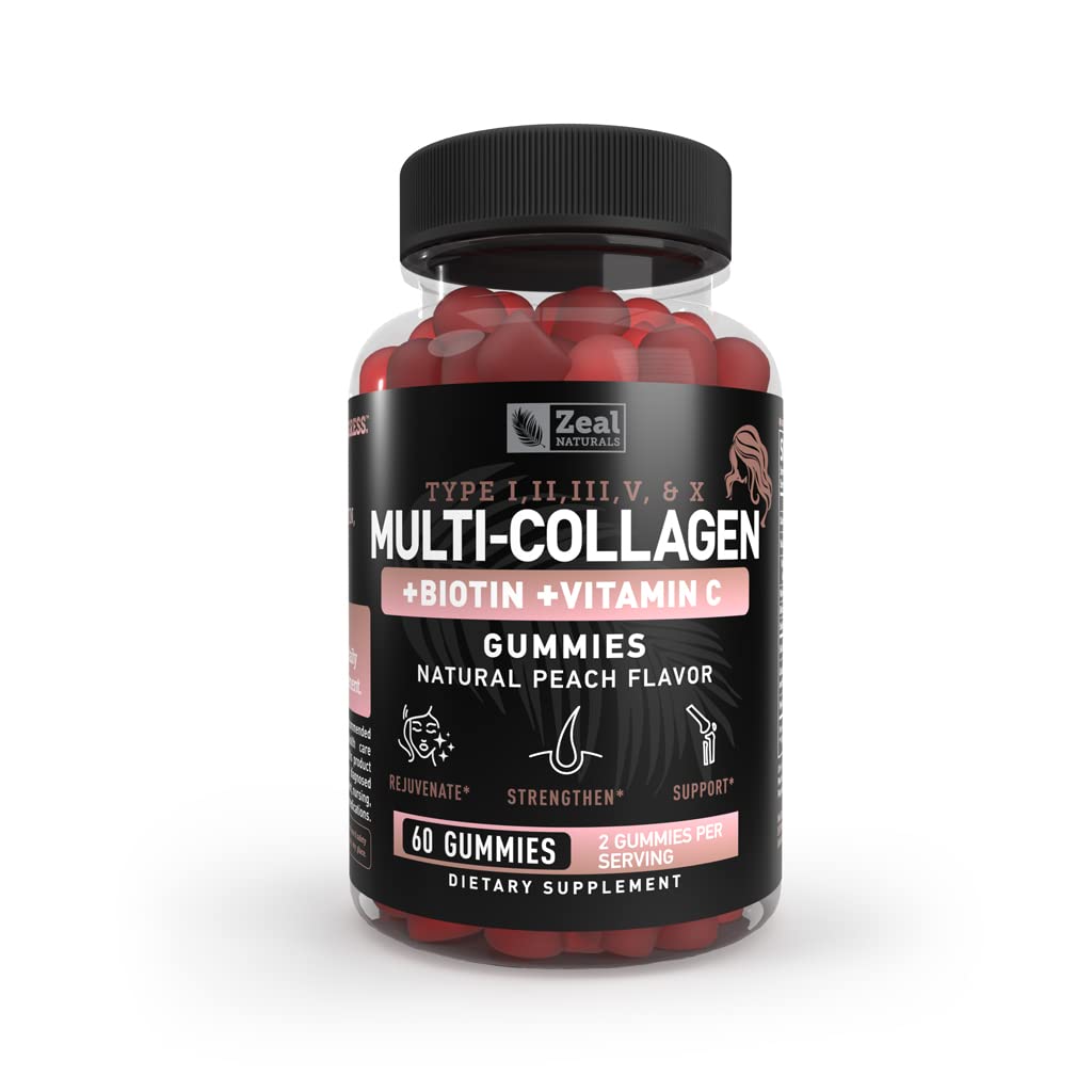 Multi Collagen Peptide Gummies (1, 2, 3, 5 & 10) + C + Biotin + Hyaluronik Asit | Sağlıklı Saçlar, Cilt ve Çiçekler | Gluten-Free | Natural Peach Flavor | 60 Gummies