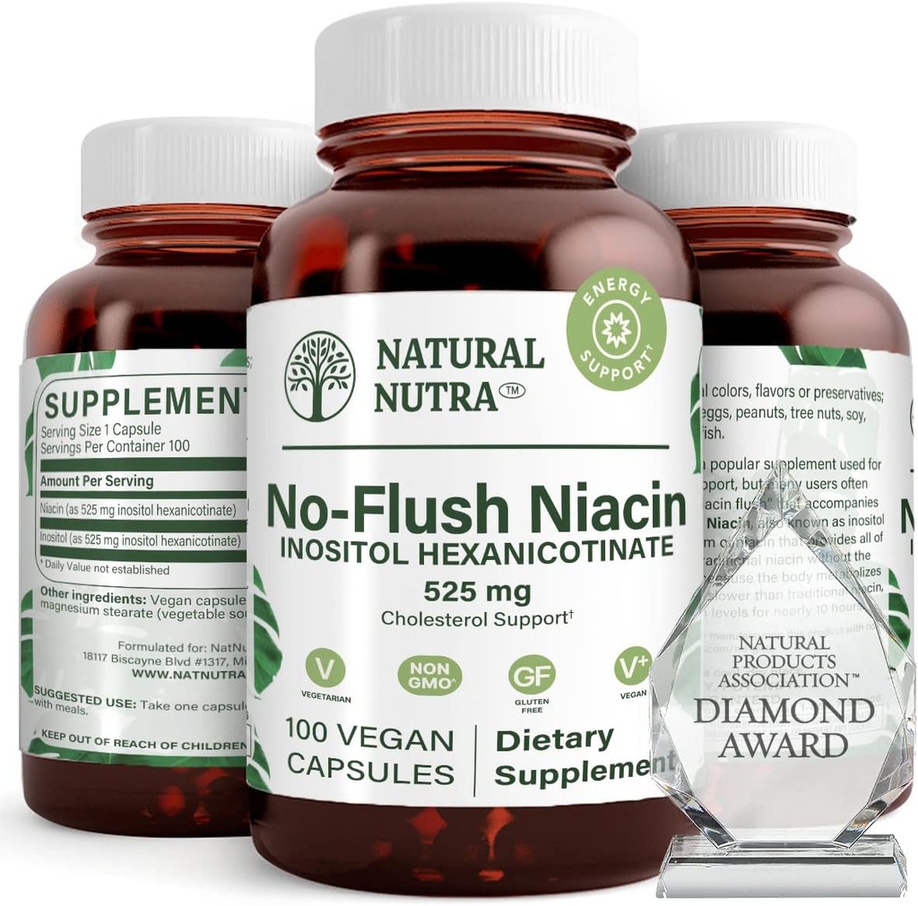 Doğal Nutra No Flush Niacin, Vitamin B3 Tamam, Cardiovascular Sağlığını Geliştirin, Daha İyi Beyin Fonksiyonlarını Geliştirin, Enerji Seviye 525 mg, 100 Capsules
