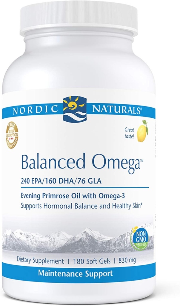 Nordic Naturals Pro Balanced Omega - Fish Oil and Evening Primrose Oil, 240 mg EPA, 160 mg DHA, 76 mg GLA, Υποστηρίζει Ορμονική Ισορροπία και Υγιεινή Δέρμα *, 180 Soft Gels