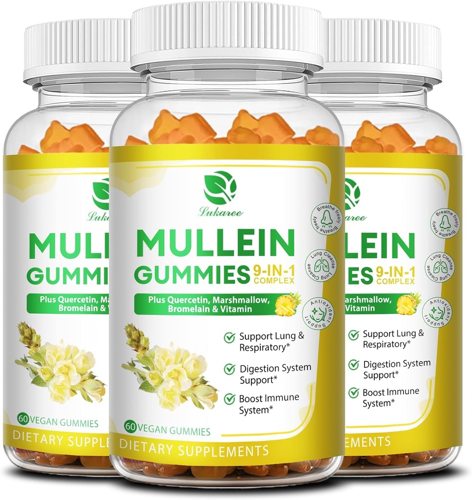 (3 Pack) 9 in 1 Mullein Gummies for Lung Cleanse & Detox, Extra Strength Mullein Leaf Extract w/Quercetin, Bromelain, Elderberry & Marshmallow for αναπνευστικό, ανοσοποιητικό & Digestive, Vegan,180 Count