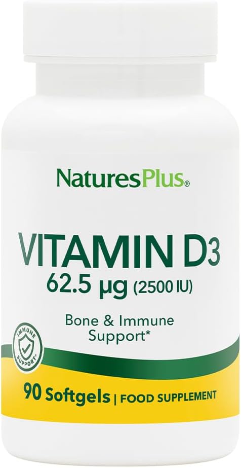 NaturesPlus Vitamin D3 (Cloncalciferol) - 2500 iu, 90 Softgels - Bone Health, Heart Health & Immune System Support Supplement, Bio available Active Form - Gluten-Free - 90 Servisler
