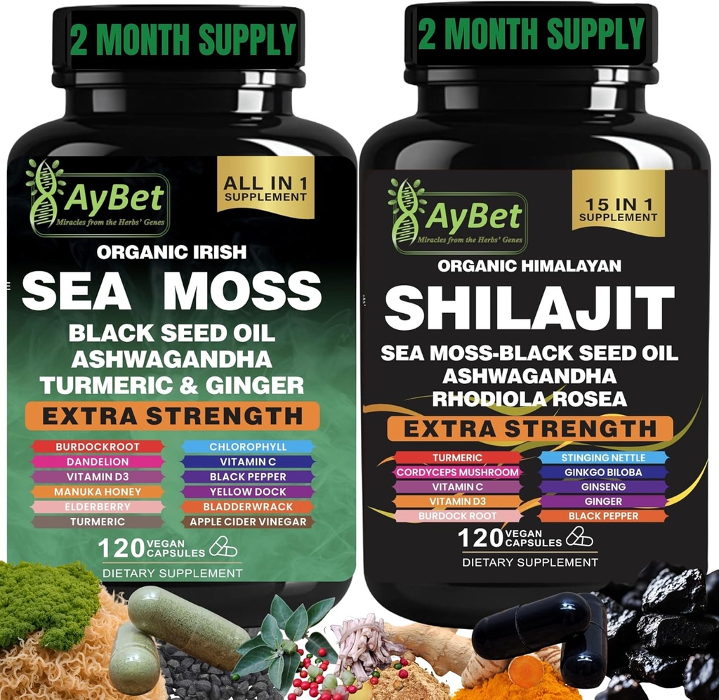 Sea Moss Shilajit Combo Bundle Capsule, Black Seed Oil, Ashwagandha, Rhodiola Rosea, Burdock, Turmeric, Ginger, VitC, VitD3, All in One Supplement, 240 Capsules, Halal, Vegan, USDA Organic