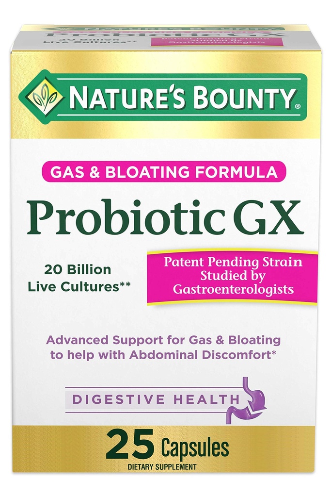 Nature's Bounty Probiyotik GX, Occasional Gas ve Bloating, Diyeter Supplement, Digestive Health, 25 Capsules