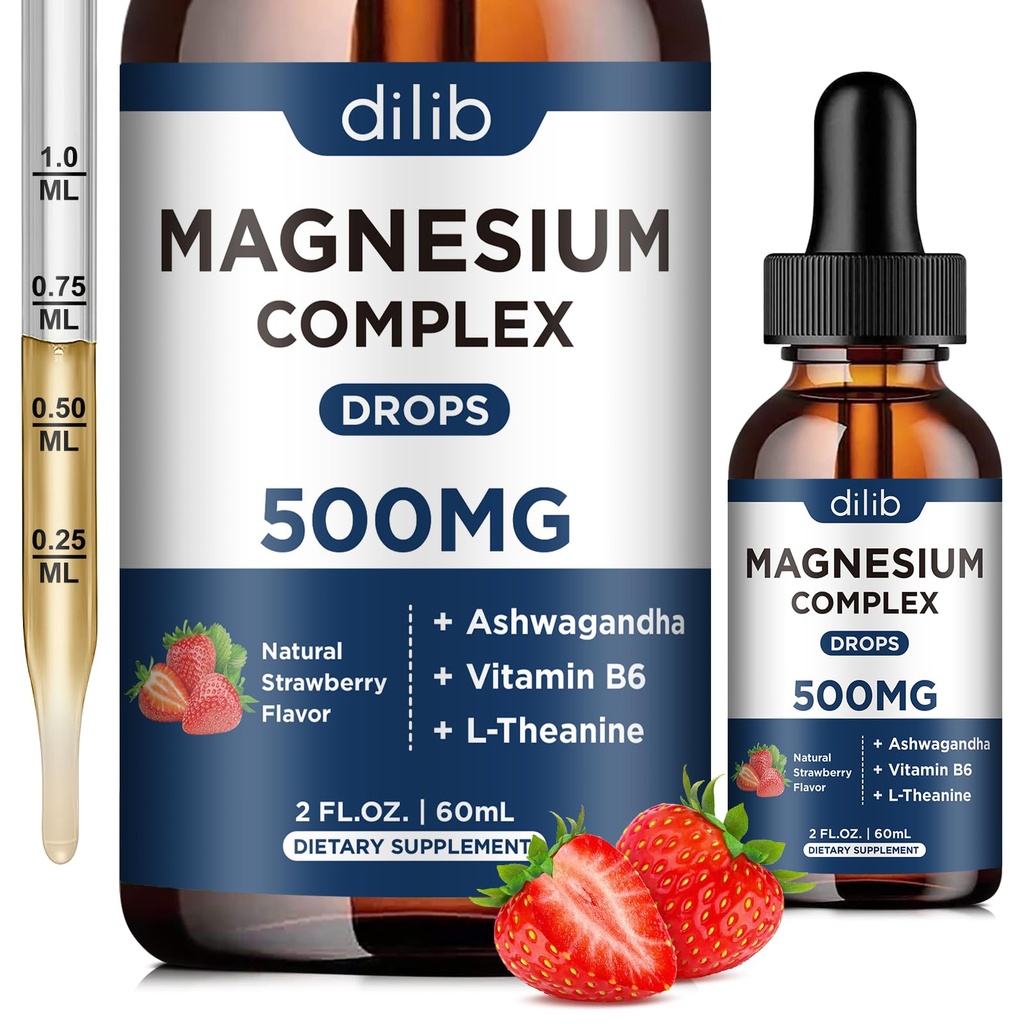 Triple Complex Supplement-Magnesium Glycinate, Citrate, Malate Liquid Drops 500 mg with Ashwagandha, L-Theanine, Vitamin B6 for Stress Relief, Sleep, Muscle Support-Strawberry Flavor