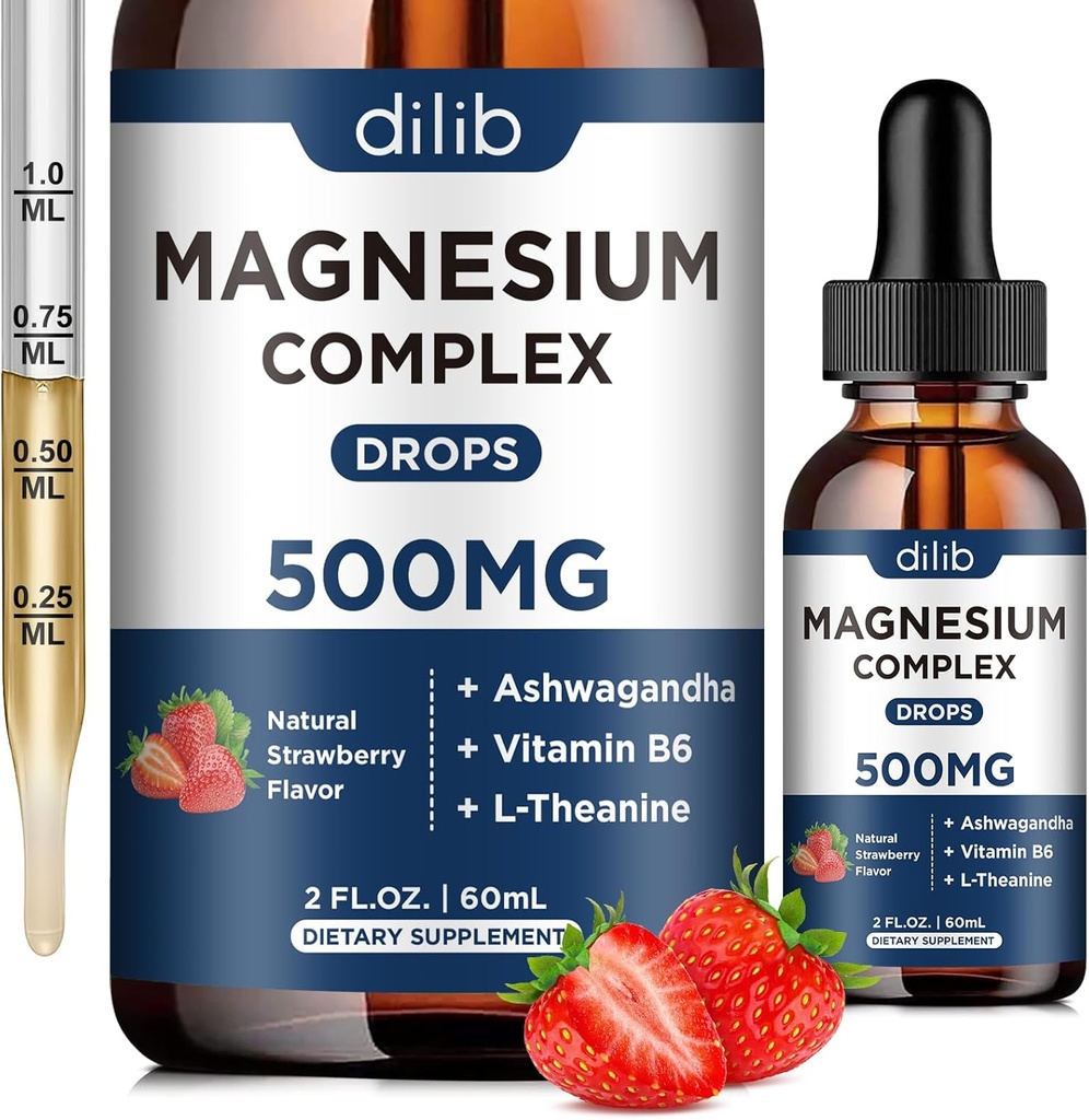 Triple Magnesium Complex Supplement-Magnesium Glycinate, Citrate, Mayate Liquid Drops 500mg με Ashwagandha, L-Θεανίνη, Βιταμίνη B6 για την ανακούφιση από το στρες, τον ύπνο, την μυϊκή υποστήριξη-Strawberry Flavor