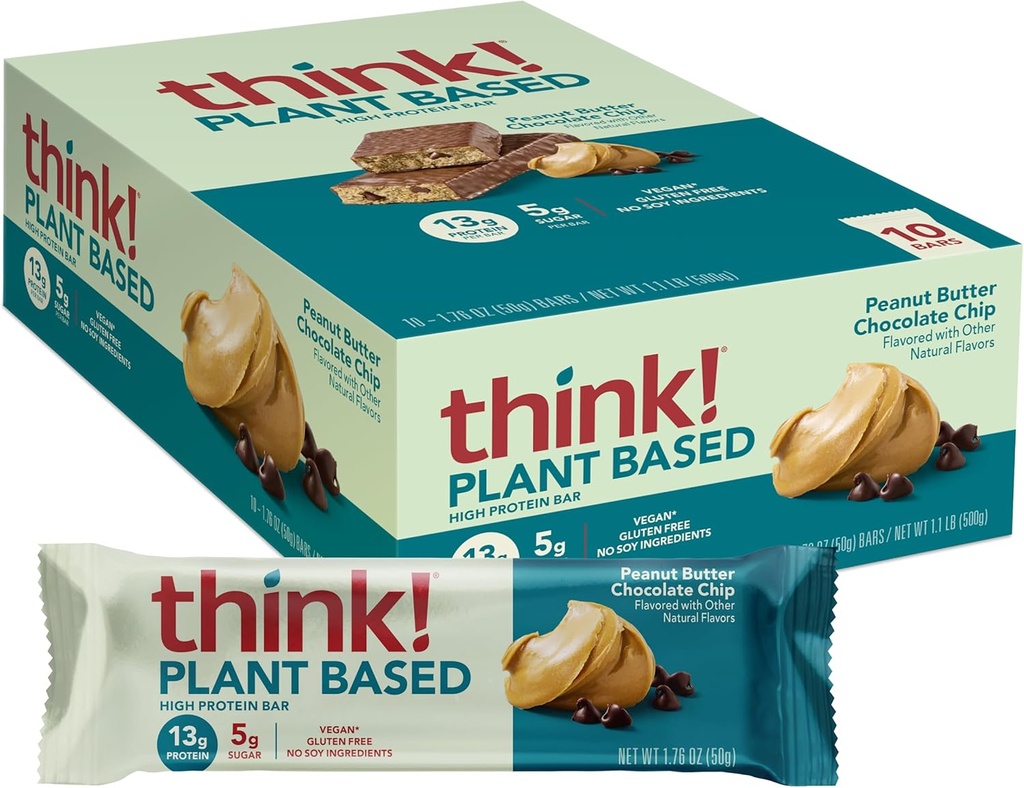 Düşün! Vegan/Plant Temel Yüksek Protein Barlar - Peanut Butter Chocolate Chip, 13g Protein, 5g Sugar, No Yapay Sweeteners, Non GMO Project TY, 10 Mayıs (Pazarlama May Vary)