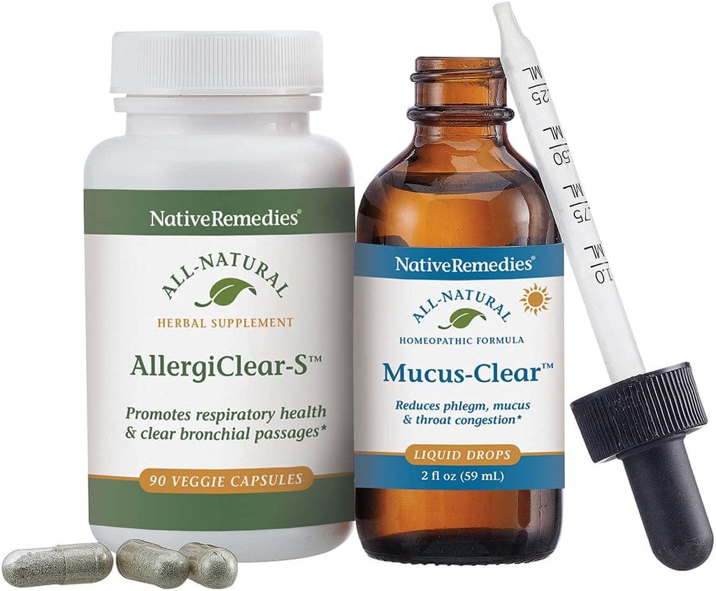 Native Remedies Clear Sinus & Throat ComboPack - Φυσικό Ομοιοπαθητικό Mucus-Clear για Phlegm και Συμφόρηση και Βότανο συμπλήρωμα AllergiClear-S για την αναπνευστική υγεία και λειτουργία