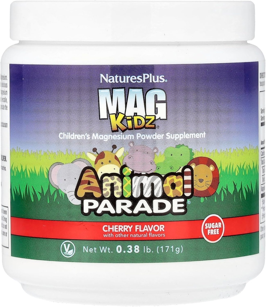 NaturesPlus Ζωική Παρέλαση MagKidz, Cherry Flavor - 0,38 lb - Παιδικό συμπλήρωμα σκόνης μαγνησίου - Οστών & μυών Υγεία Υποστήριξη - Χωρίς γλουτένη, Χωρίς ζάχαρη - 45 Σερβιέτες