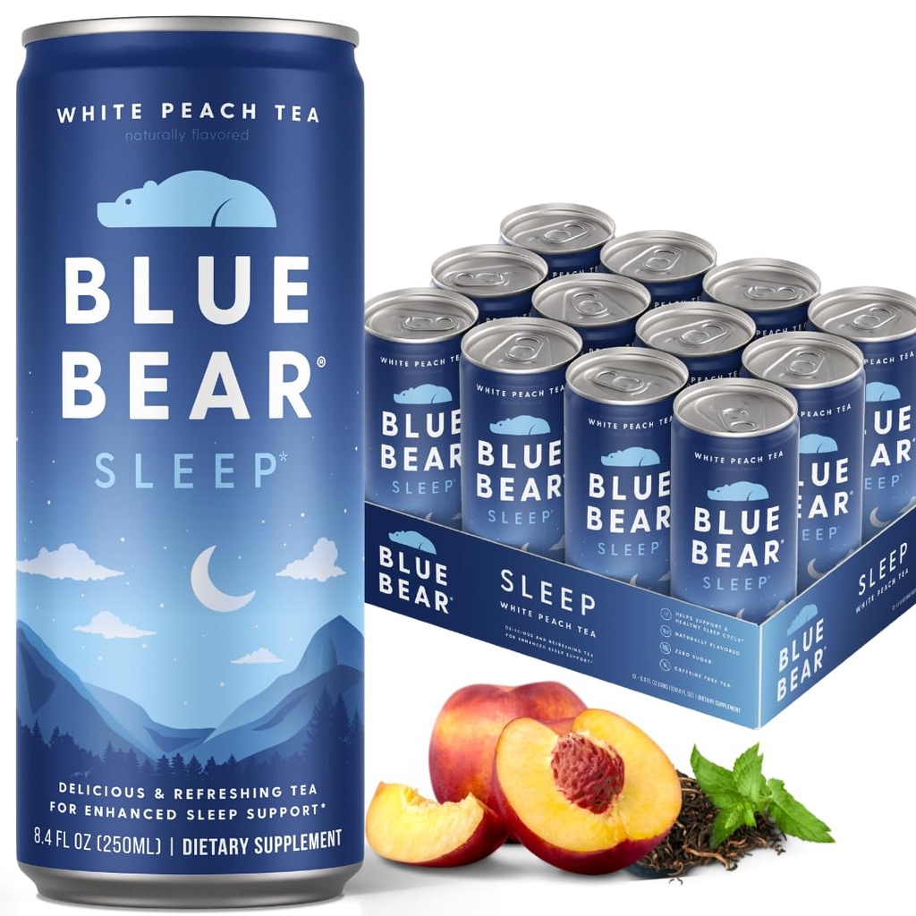 Blue Bear Melatonin Sleep Drink, Sleep Tea for Bedtime Support, White Peach Tea with Melatonin (5 mg), Lavender, Ashwagandha, Chamomile, GABA, L-Theanine, Caffeine-Free, Zero Sugar, 8.4 Fl Oz 12