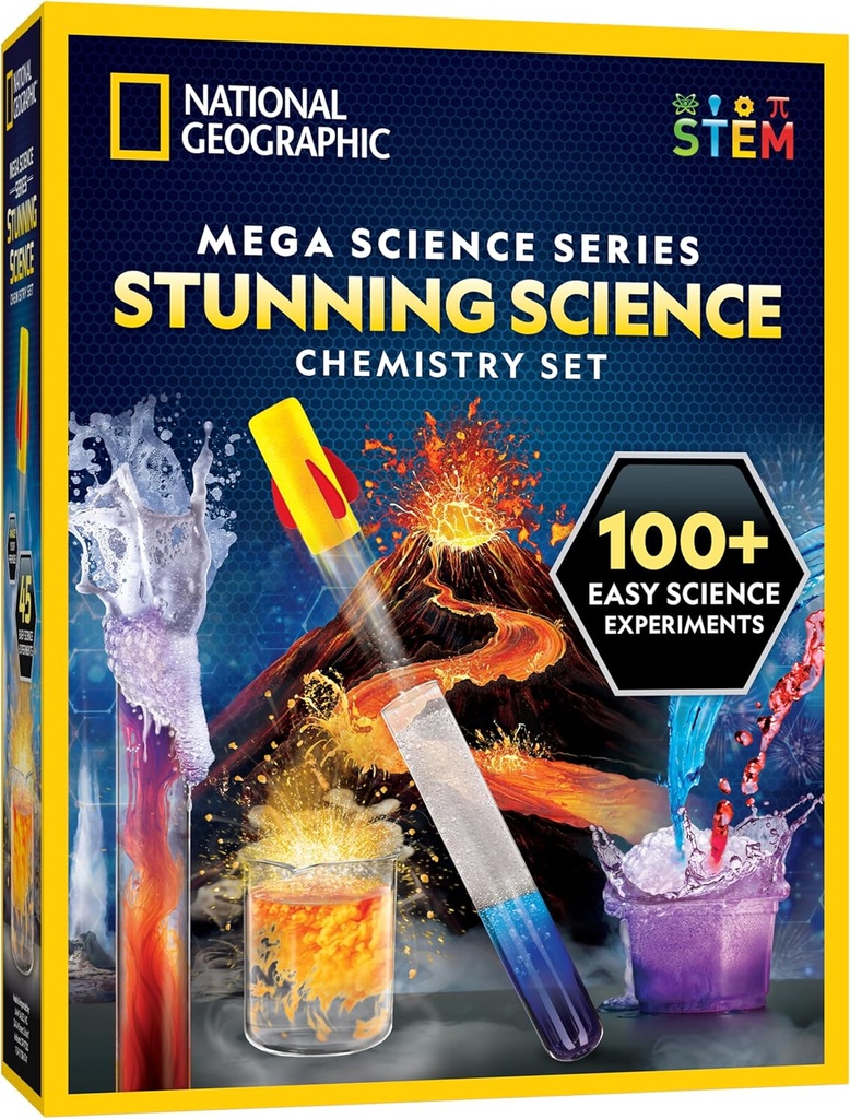 National Geographic Stunning Chemistry Set - Mega Science Kit with 45 Easy experiments- Make a Volcano and start a Rocket, STEM Projects for Kids Ages 8-12, Science Toys ( Exclusive)