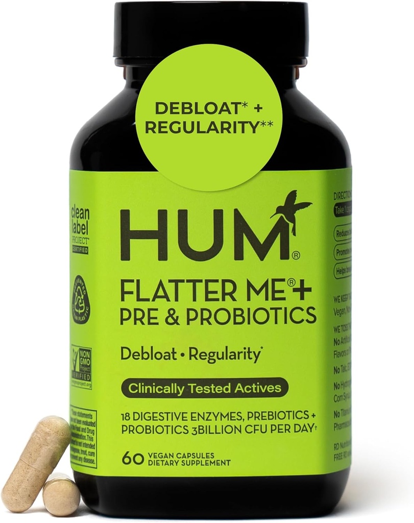 HUM Flatter Me Digestive Enzymes Plus Prebiyotiks & Probiyotiks, Digestive Health Bloating Supplement for Women & Men, Fast Acting Anti Bloat Pills Multi Enzyme for Debloating, Vegan, 60 Capsules
