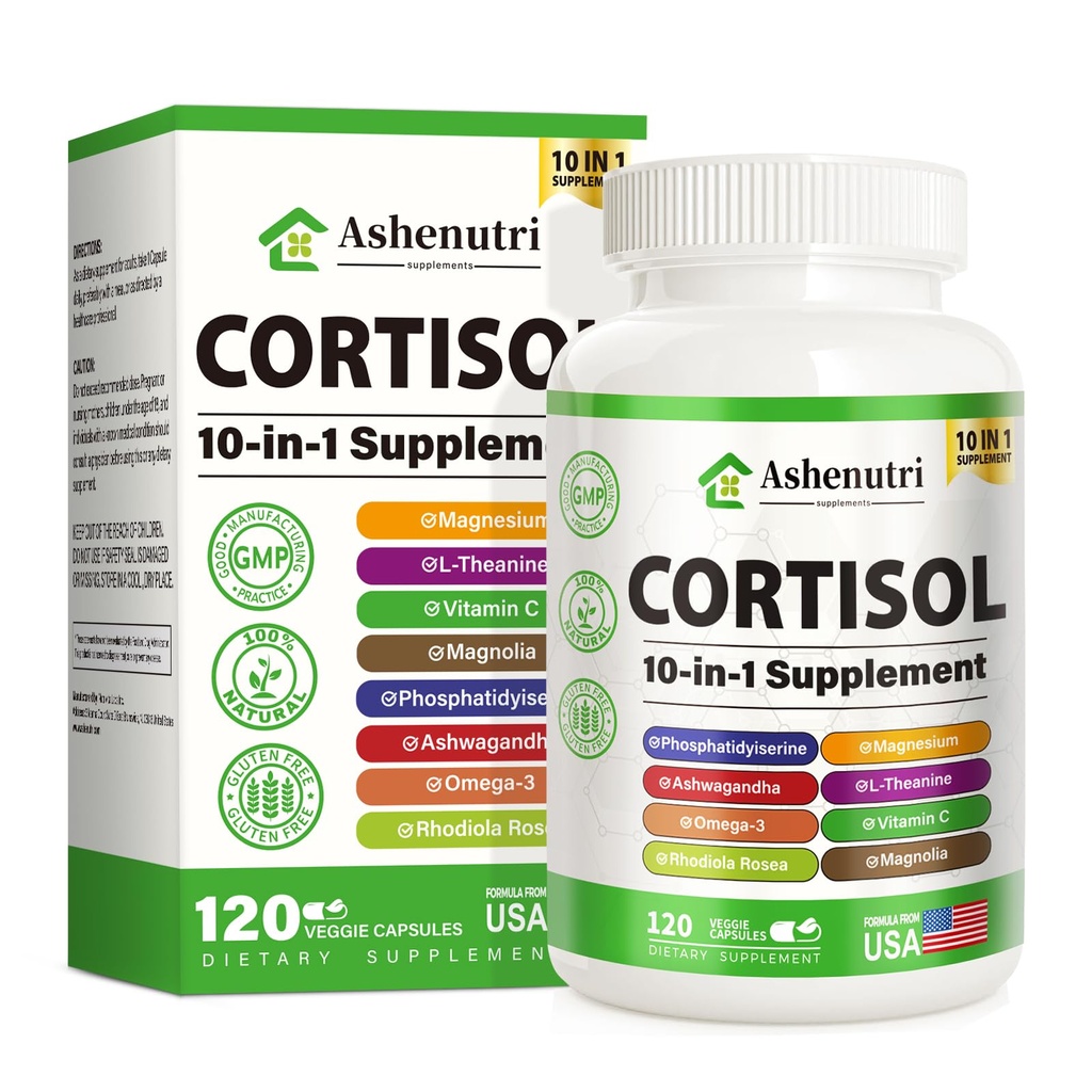10in-1 Cortisol Supplement with,Ashwagandha,Rhodiola Rosea,L Theanine,Hormone Balance for Women 120 Vegan Capsules