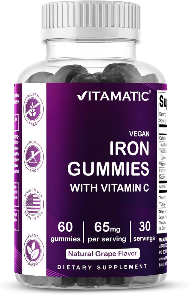 Vitamatic Iron 65 mg Gummies Supplement for Women & Men - 60 Vegan Gummies - Great Tasting Iron Gummy Βιταμίνες με Βιταμίνη C (1)