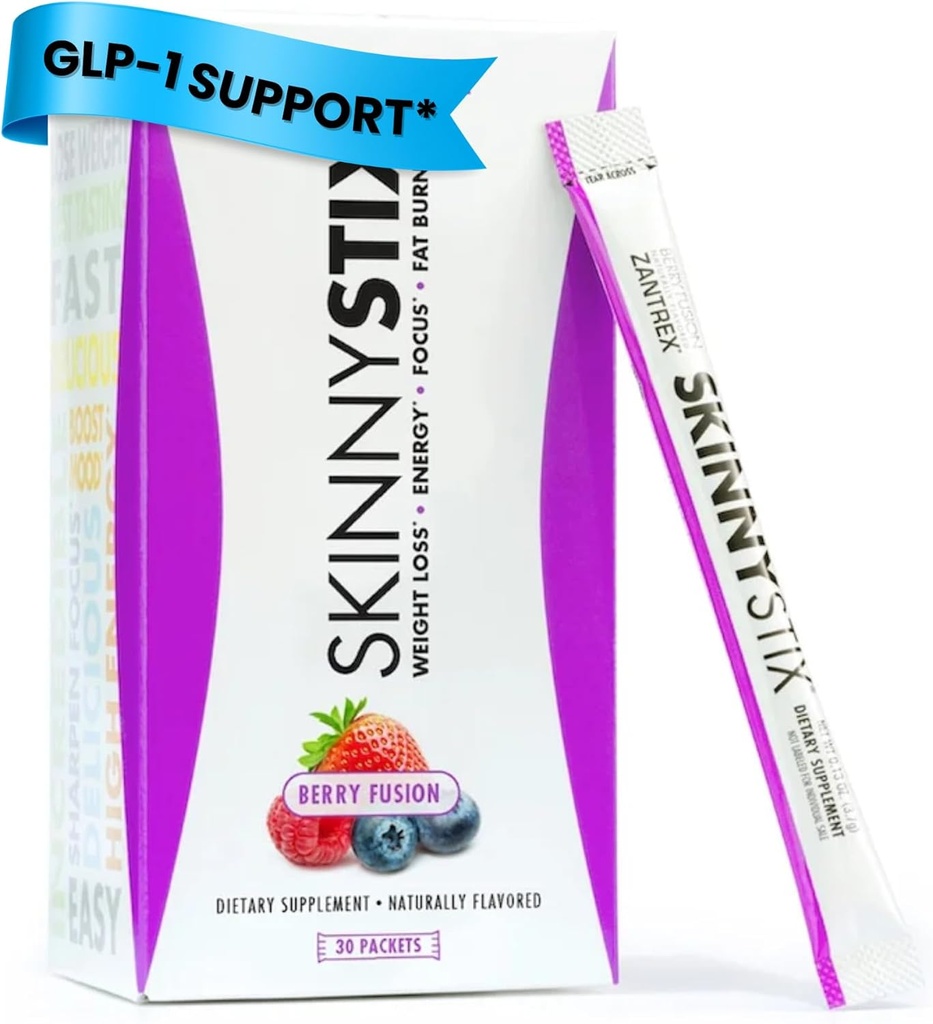 Zantrex SkinnyStix Energy Toz – Lose Kilo, GLP-1, Appetite Suppressant, Boost Mood – 10 Calories – Yerba Mate, Kahve Bean – 30 Stix, Berry