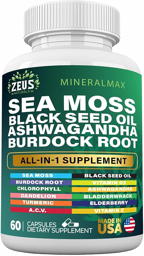 Sea Moss 3000mg Black Seed Oil 2000mg Burdock Root 1000mg Bladderwrack 1000mg Turmeric 1000mg Ashwagandha 1000mg - Elderberry, VIT C, VIT D3, Manuka, ACV (60 κόμης)