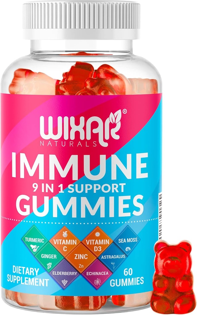 9 σε 1 Gummies ανοσοποιητική υποστήριξη με Elderberry, βιταμίνη C&D, ψευδάργυρος, Turmeric, Ginger, Echinacea, Astragalus & Sea Moss για την ασυλία συμπλήρωμα - 60 Gummies
