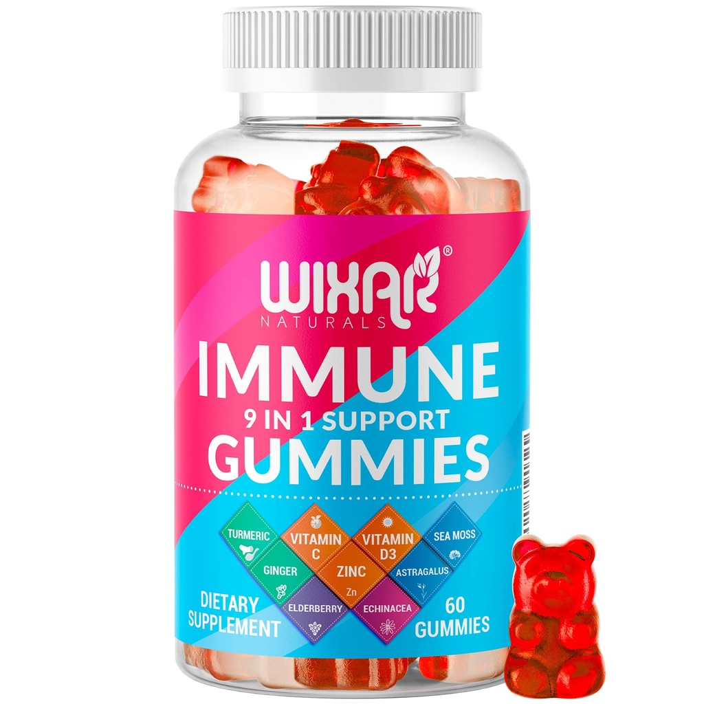9 1 Immune Support Gummies with Elderberry, Vitamin C &D, çinko, Turmeric, Ginger, Echinacea, Astragalus & Sea Moss for Immunity Supplement - 60 Gummies