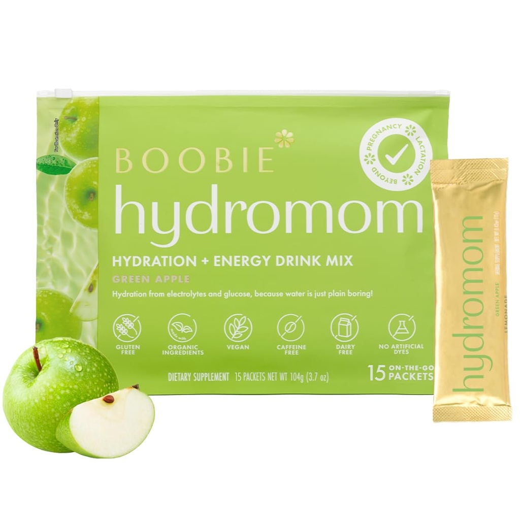 Boobie Hydromom Superfood Electrolyte Drink Mix, Green Apple | Enerji ve Hydration Boost for Mamas | On-Go & Travel Essentials for Gebelik, Lactation, & Beyond, 15 Packets