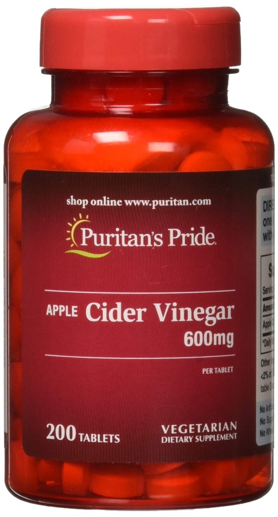 Puritan's Pride Apple Cider Vinegar 600 mg, Vejetary Dietary Supplement, 6 Ay Supply, 200 Tablet (Pazar Mayıs Vary)