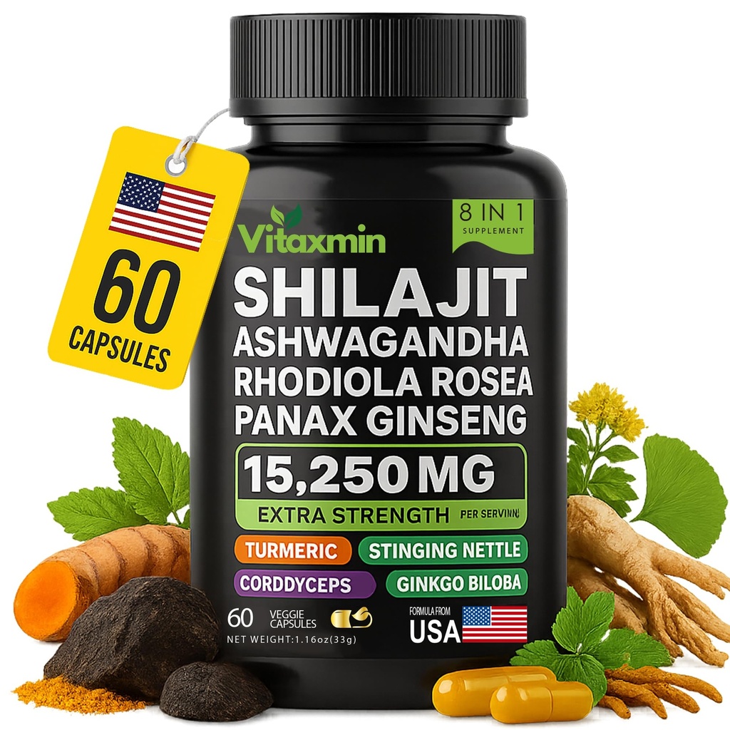 Shilajit ve Ashwagandha Capsules, 8-in-1 Herbal Multivitamin for Men and Women, Rhodiola Rosea, BTC ve Sting Nettle, Erkekler ve Kadınlar için Shilajit