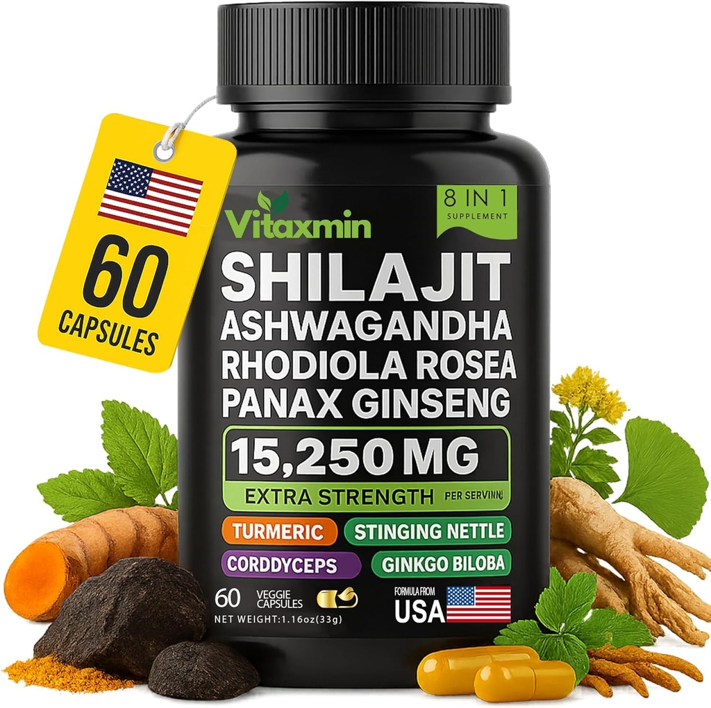 Shilajit ve Ashwagandha Capsules, 8-in-1 Herbal Multivitamin for Men and Women, Rhodiola Rosea, BTC ve Sting Nettle, Erkekler ve Kadınlar için Shilajit