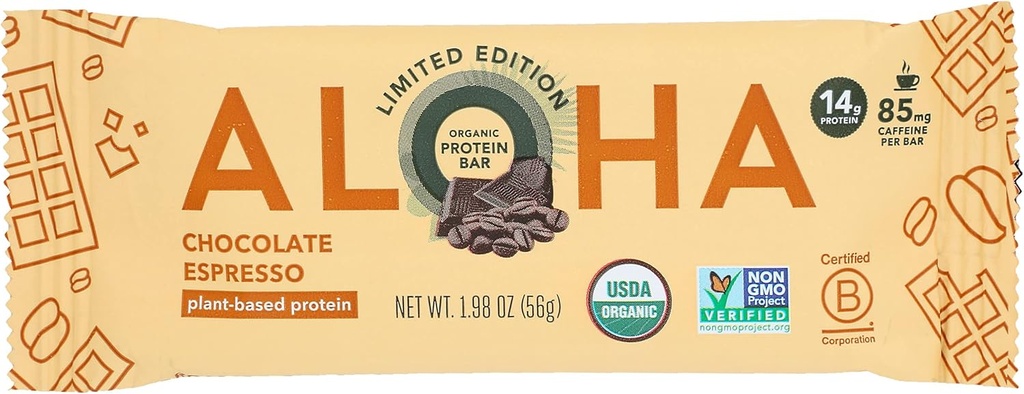 Aloha Organic Chocolate Espresso protein Bars, 14g Plant-Based Protein, 85 mg Caffeine, USDA Sertifikalı Organik, Gluten Free & Non-GMO, 1.98 Oz (12 paketi)