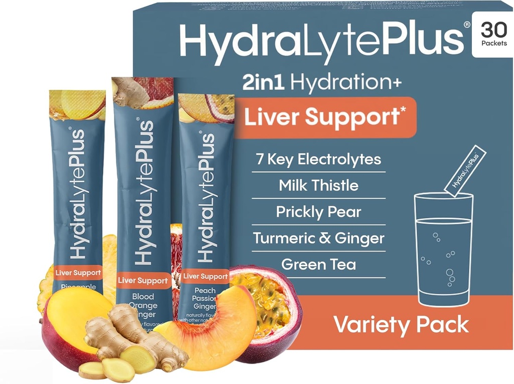 Hydralyte Liver Support + Electrolyte Mix with Milk Thistle, Turmeric, Ginger, Prickly Pear, Green Tea Extract Formulated for Rapid Rehidr (Variety Flavor, 30 Packets)