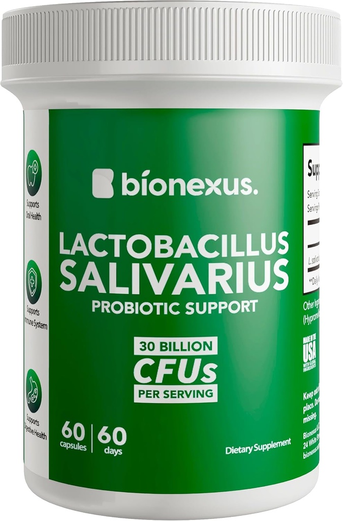 BionexusTM Lactobacillus Salivarius Diyeter Supplement – 60-Count, 30 Billlion CFU Oral Probiyotiks Desteği, Oral ve Digestive Wellness, Immune Boost – Made in USA, Gecik-Release