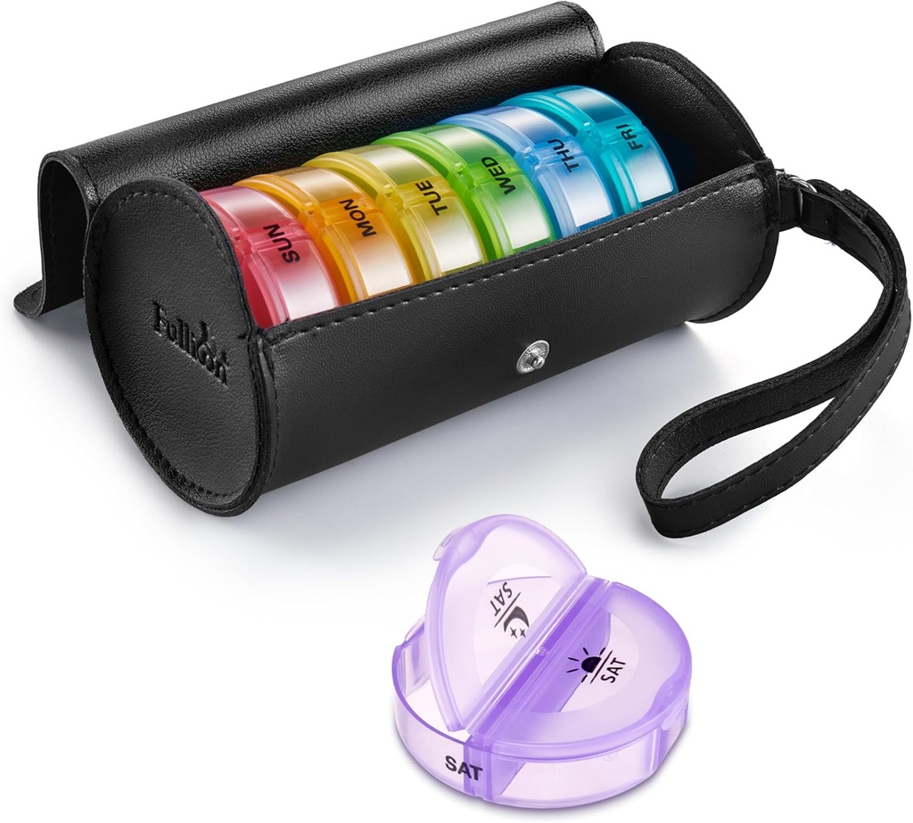 Fullicon PU Case Weekly Pill Box Organiser 2 Times A Day, Travel 7 Day Pill Kutu, Tıp, İlaç, Vitamin, Supplements (Black/Rainbow)